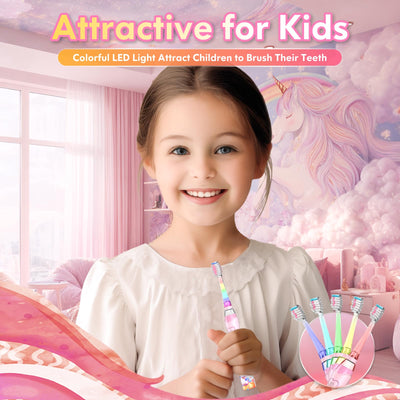 Kids Electric Toothbrush with Timer Toddler Toothbrush Age 2-4-8-12 Electric Toothbrush Kids Rainbow LED Light Up Vibrating Toothbrush Battery Operated Childrens Girls Sonic Tooth Brush (Pink Unicorn)