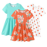 PATPAT Toddler Girl Floral Skater Multipack Dresses 3-Pack Polka Dots Short Sleeve Priness A-line Dress, Blue, 5-6 Years