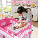 BABY JOY 4 in 1 Pack and Play with Canopy, Portable Baby Playard with Bassinet, Double-Layer Baby Crib, Wheels & Brake, Foldable Baby Girl Pink Princess Bassinet from Newborn to Toddler