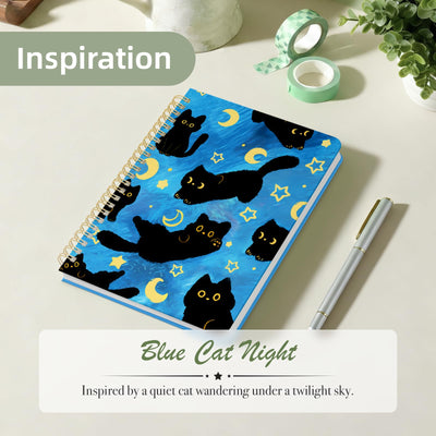 Stanoha Cute Spiral Notebook A5 Journal for Women Girls Kawaii Aesthetic Pretty Floral Design with Pocket, 8.5 x 5.7 inch, Line, Blue Black Cat