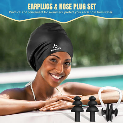 2 Pack Extra Large Swim Cap for Braids and Dreadlocks, Silicone Swimming Caps for Long Hair, Weaves, Extensions, Curls & Afros, Waterproof Adult Swim Hats Bathing Caps for Women Men(Black+Rose Red)