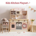 ROBUD Play Kitchen for Kids Toddlers, Wooden Play Kitchen with Realistic Accessories, Toy Kitchen Set with Plenty of Play Features, Modern Style Toy Kitchen for Girls & Boys, Gift for Ages 3+, Pink