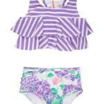 RuffleButts Girls UPF50+ Sun Protection Flounce Bikini Two Piece Swimsuit - Purple Hydrangea Garden, 3-6m