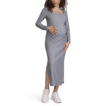 Motherhood Maternity Women's Long Sleeve Ribbed Square Neck Bodycon Casual Pregnancy Dress, Heather Grey, Medium
