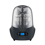 Black baby bottle sterilizer with digital display on a white background