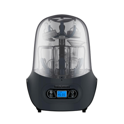 Black baby bottle sterilizer with digital display on a white background
