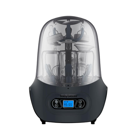 Black baby bottle sterilizer with digital display on a white background