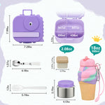 Aimsnk Magical Dinosaur Kids Lunch Box Set -12oz Insulated Food Jar, Leakproof Lunch Food Containers Cutlery, Leak-Proof Sauce Cup & Spoon, Purple+Jar