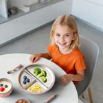 Bakpoco Stainless Steel Baby Plate with Suction, 9” Divided Toddler Plates with Removable Silicone Sleeves for Kids, Non-Toxic Non-Slip Unbreakable Dishwasher Safe Dinnerware Set of 2, Pink & Beige