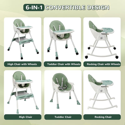 Ktaxon Baby High Chair, 6-in-1 Portable Feeding Rocking Seat with Adjustable Backrest, Removable Tray and 5-Point Safety Harness, Travel Folding Highchair for Toddlers & Babies, Green