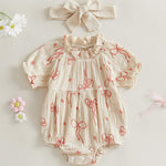 Newborn Baby Girl Cotton Linen Bubble Romper Summer Clothes Vintage Ruffle Short Sleeve Onesie Bodysuits Outfit (Khaki, 0-3 Months)