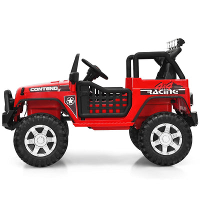 Costzon 2-Seater Ride on Truck, 12V Battery Powered Electric Vehicle w/Remote Control, 2 Speeds, Spring Suspension, LED Light, Horn, Music/ MP3, 2 Doors Open, Ride on Car for Kids (Red)