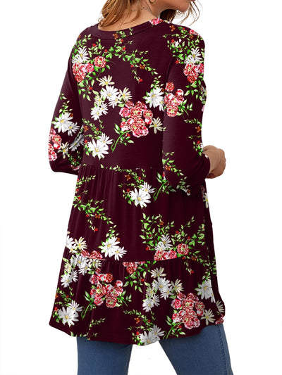 Xpenyo Women Fashion Tops Tiered Shirts 3/4 Long Sleeve Casual Maternity Blouse Shirts Burgundy Flower 2XL
