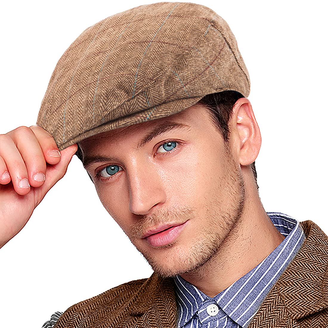 Men Ivy Hat Newsboy Cap - Classic Wool Blend Tweed Flat Cap Cabbie Hat Men