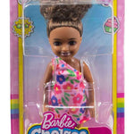 Barbie Chelsea Doll (Brunette Curly Hair) Wearing One-Shoulder Flower-Print Dress and Pink Shoes, Toy for Kids Ages 3 Years Old & Up