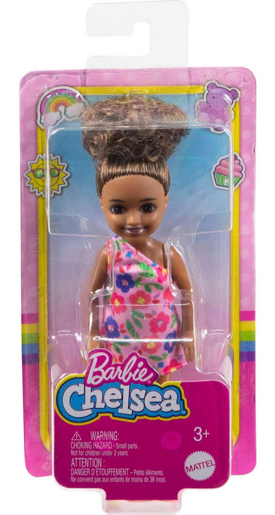 Barbie Chelsea Doll (Brunette Curly Hair) Wearing One-Shoulder Flower-Print Dress and Pink Shoes, Toy for Kids Ages 3 Years Old & Up