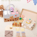 Coralogo Baby Shower Gift Basket for Girl & Boy - Baby Gift Set for Newborn, Unique Gifts for Newborn, Felt Tote Bag with Security Blanket Soft Hat Bib Socks Anti-Scratch Mittens, Bear Themed