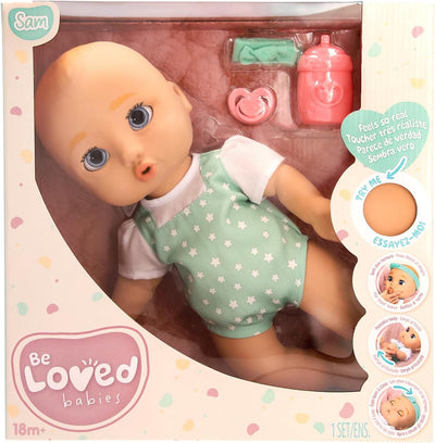 Sam 15" Realistic Soft Body Baby Doll with Open/Close Eyes with Bottle, Pacifier, Headband, & Mint Outfit, Ages 18M+