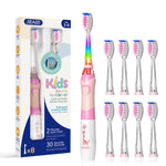 SEAGO Kids Electric Toothbrush with 2 Mins Brushing Timer and 8 Replacement Brush Heads,Rainbow LED Light Makes Brushing Fun, Battery Powered Toothbrush for Boys & Girls 3-6-8 Years Old,Pink