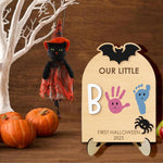 Halloween Baby Footprint Kit Wood Newborn Handprint Sign with Base Baby's First DIY Halloween Keepsake Our Little Boo Board for Baby Boy Gifts (A)