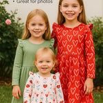 PATPAT 3-Pack Flutter Sleeve Dresses for Girls – Toddler Green Heart Outfit Set for Preschool & Family Days, Green Heart, 4-5T