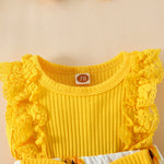 KAFIREN Baby Girl Clothes 3-6 Months Newborn Romper Dress Infant Lace Ruffle Sleeveless Summer Outfits with Headband Yellow Flower 3-6 Months 80cm