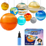 Inflatable solar system planets set with packaging and pump on a white background