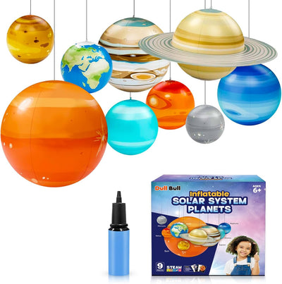 Inflatable solar system planets set with packaging and pump on a white background