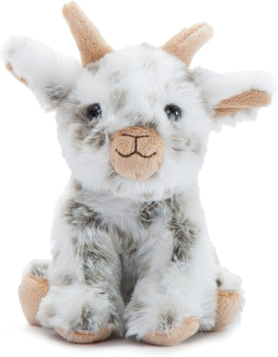 Plush toy goat with white fur and brown horns on a white background