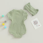 FOCUSNORM Baby Girl Summer Clothes Ribbed Short Sleeve Romper Solid Color Bodysuits Bow Headband Outfit Newborn Girl Jumpsuit (Pea Green, 0-3 Months)