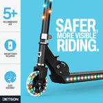 Jetson Scooters - Jupiter Kick Scooter (Black) - Collapsible Portable Kids Push Scooter - Lightweight Folding Design with High Visibility RGB Light Up LEDs on Stem, Wheels, and Deck