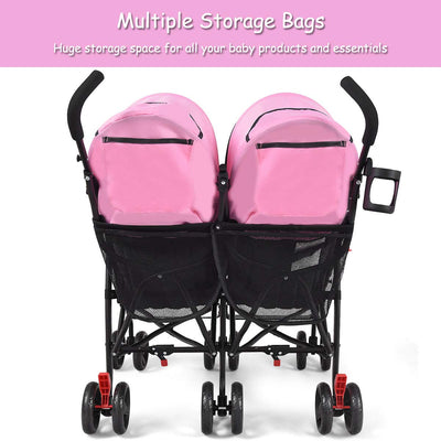 HOMGX Lightweight Double Stroller, Easy Fold Baby Stroller with 5-Point Safety Harness, Cup Holder, Compact Travel Stroller for Airplane, Pink