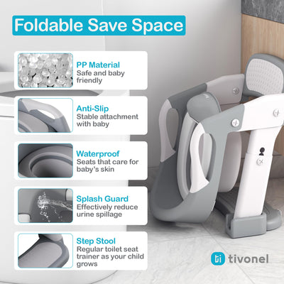 TIVONEL 3-in-1 Toddler Potty Training Toilet Seat with Ladder | Foldable Toilet Potty Training Seat with Step Stool Ladder | 5-Level Adjustable Height | Soft Cushion, Splash Guard & Anti Slip Pad