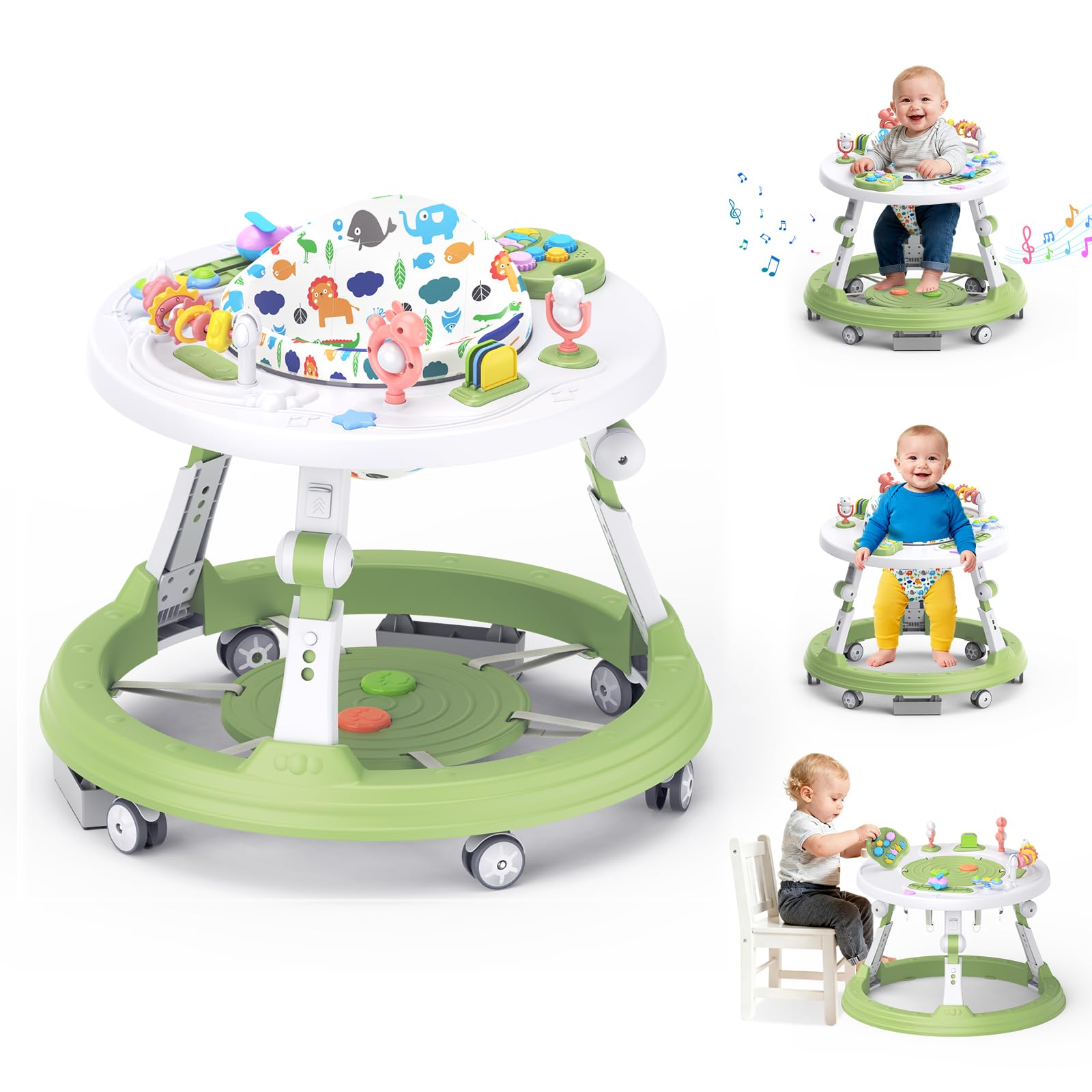 Baby Walker Foldable, 4-in-1 Toddler Infant Walkers with Wheels, 360-degree Rotatable Play Tray, for Boys and Girls 6-18 Months- Activity Center, 3-Gear Height Adjustable, Music and Lights(Green)