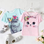 PATPAT Girls Shirts Size 7-8 Pink Cat Print Graphic Tees, Cat Shirts for Girls, Crew Neck Short Sleeve Pink Tops Summer Clothes Little Sister Outfit Cheer Tops