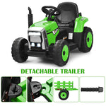 Costzon Ride on Tractor with Detachable Trailer, Kids' Electric Vehicles w/3-Gear-Shift Ground Loader, Wireless Design & USB, 7 LED Headlights, Remote Control Tractor Toy for Kids 3+ (12V, Green)