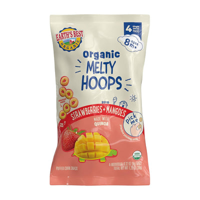Earth's Best Organic Melty Hoops snack package with strawberries and mangoes on a white background