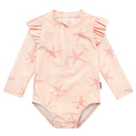 Gerber Baby Girls Toddler Long Sleeve One Piece Rashguard Swimsuit, Pink Starfish, 12 Months