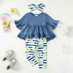 Kucnuzki Baby Girl Clothes 12-18 Months Girl Clothes Toddler Baby Ruffle Shirt Blue Top Floral Pants Set 3Pcs Girl Fall Outfit Cute Infant Little Girls Outfits
