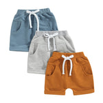 Thilsidee 3 Pack Toddler Baby Boy Girl Solid Color Shorts Elastic Waist Casual Short Trousers Spring Summer Fall Short Pants (A-Blue Brown Grey, 0-6 Months)