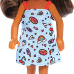 Barbie Chelsea Doll, Small Doll Wearing Removable Blue Dress with Colorful Print & Pink Shoes, Brown Hair & Green Eyes