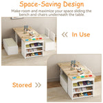 3 in 1 Kids Art Table and Chair Set, Art Desk & Easel w/ Storage Shelves, Drawers, Paint Cups, Paper Roll, Toddler Table and Chair Set w/ Bench & 2 Chairs for Draw, Write, Play, Crafts (Light Walnut)