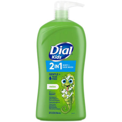 Green bottle of Dial Kids 2-in-1 body and hair wash with a cartoon character on a white background