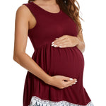 Xpenyo Womens Maternity Tank Top Sleeveless Lace Crochet Trim Peplum Cami Shirts Wine Red XL