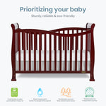Dream On Me Violet 7-in-1 Convertible Full-Size Baby Crib with Toddler, Day & Full Bed Conversion in Cherry, GreenGuard Gold & BSA, 4 Mattress Heights, Sustainable Pinewood