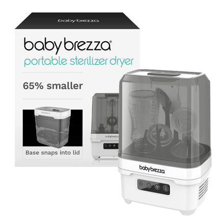 Baby Brezza portable sterilizer dryer with packaging on a white background
