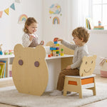 Costzon Toddler Table and Chair Set, 3-in-1 Bear Activity Desk Set w/Reversible Whiteboard & Chalkboard, Side Hooks, Open Shelf and Storage Drawer for Drawing Studying, Kids Table Set for Boys Girls