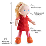 HABA 12" Soft Baby Doll Annelie with Blonde Hair, Embroidered Face, Removable Red Dress and Matching Hairband - Washable Toddler Doll for 18 Months+