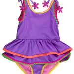 RuffleButts Girls UPF50+ Crochet Detail Peplum One Piece Swimsuit - Neon Purple, 2T