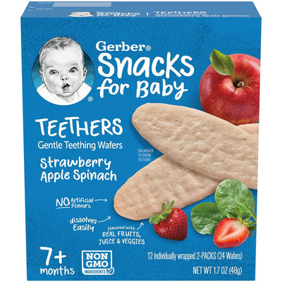 Box of Gerber Snacks for Baby Teething Wafers with strawberry, apple, and spinach on a blue background